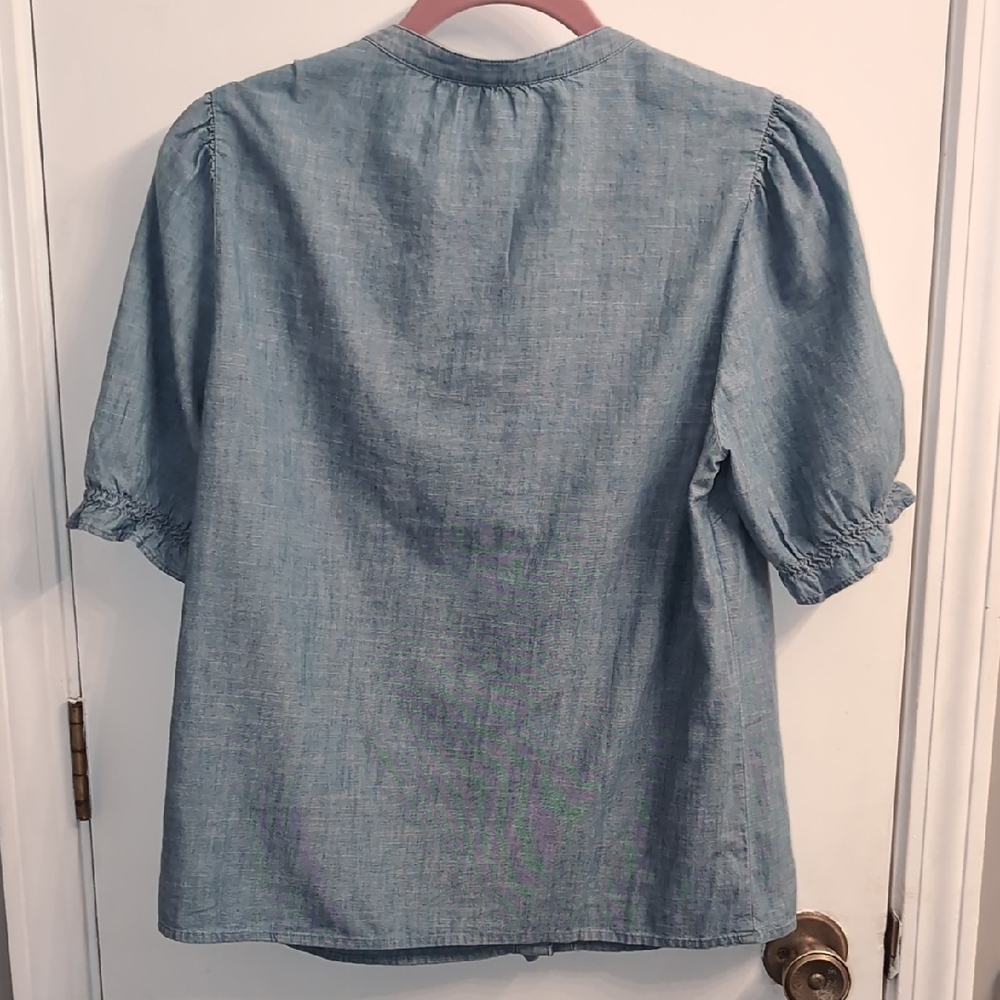 J. Crew New Chambray Puff Sleeve Ruffle Top Button-Up Blouse Size Small - Picture 6 of 7